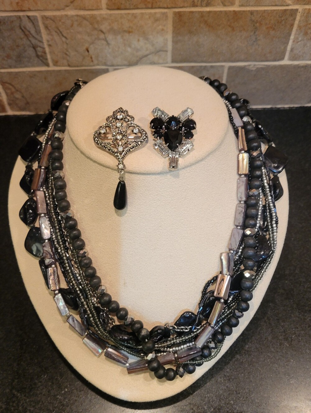 Retro Lot Black Silver Gothic/Funeral Jewerly Multi-Strand Necklace & Brooches